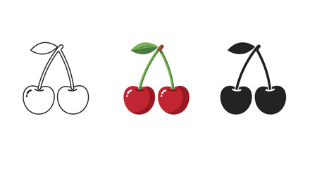 Cherry Icon Set Color Outline and Silhouette Style Illustration
