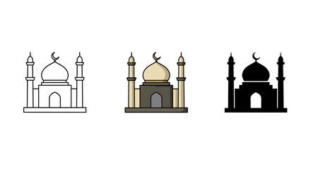 Mosque illustration in different styles outline color and silhouette on white background