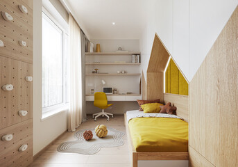 Interior of a modern small Scandinavian children&acute;s room showcase. Comfortable hygge child room with yellow decoration.