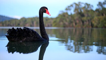 Elegant Black Swan Gliding on Calm Lake Waters with Forest Backdrop