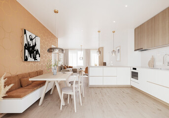 Interior of a modern small Scandinavian living room showcase. Comfortable hygge flat with orange decoration.