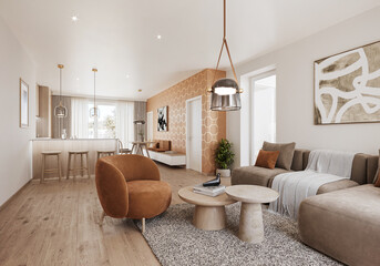Interior of a modern small Scandinavian living room showcase. Comfortable hygge flat with orange decoration.