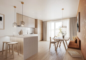 Interior of a modern small Scandinavian dining room showcase. Comfortable hygge flat with orange decoration.