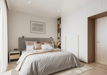 Interior of a modern Scandinavian bedroom showcase. Comfortable hygge bedroom with powdery decoration.