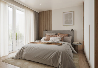 Interior of a modern Scandinavian bedroom showcase. Comfortable hygge bedroom with powdery decoration.