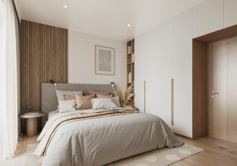 Interior of a modern Scandinavian bedroom showcase. Comfortable hygge bedroom with powdery decoration.