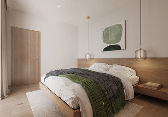 Interior of a modern Scandinavian bedroom showcase. Comfortable hygge bedroom with green decoration.
