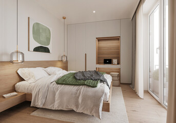 Interior of a modern Scandinavian bedroom showcase. Comfortable hygge bedroom with green decoration.