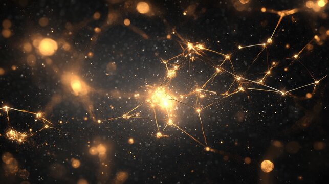 Golden particles create a shimmering network resembling stars in a dark, cosmic environment, evoking a sense of wonder and connectivity