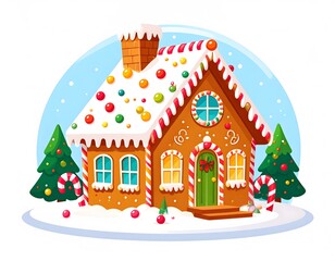 Fototapeta premium Cartoon illustration of a gingerbread house decorated with candy, icing, and Christmas trees, set on a snowy base against a blue background.