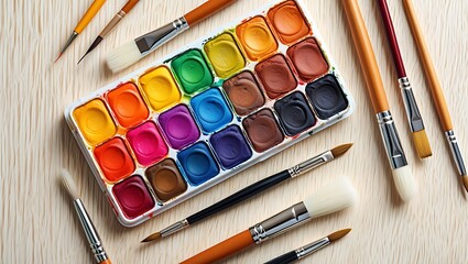 Vibrant watercolor palette and paintbrushes artistic composition for creative painting projects and educational resource materials highlighting artistic tools