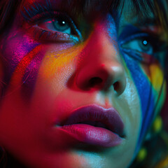 Close-up portrait of a woman with vibrant multicolored face paint, illuminated by dramatic neon lighting, showcasing bold artistic expression and intense gaze.