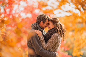 Couple hugging under autumn foliage