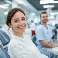 Smiling female patient in a modern dental clinic, seated in a dental chair, with a dentist in scrubs in the background, representing quality dental care and patient satisfaction.