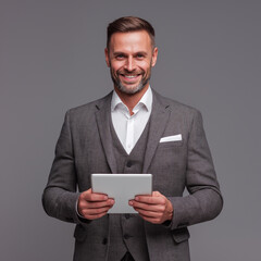 Confident smiling businessman in an elegant gray suit holding a digital tablet, standing against a neutral gray background, representing professionalism, modern business, and technology.