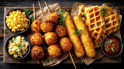 Assorted fried foods on a wooden board