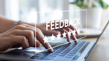 Enhancing Customer Feedback: A person typing on a laptop with a "FEEDBACK" bubble showing five stars, illustrating effective review collection and service improvement