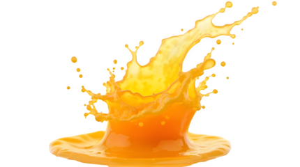 A lively splash of orange juice with droplets and foam in motion, set against a clean white background, captured in macro photography style.
