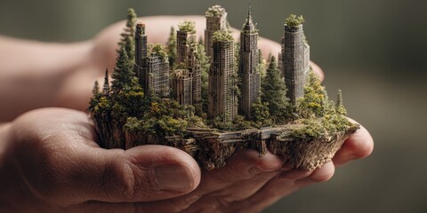 Miniature city, nestled in a hand.  Nature embraces urban decay