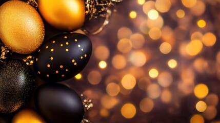 Elegant golden and black Easter eggs arranged on a sparkling background