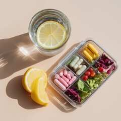Top view of a daily pill organizer with colorful supplements, fresh salad, and cherry tomatoes, accompanied by a glass of lemon water and lemon wedges on a pastel background.