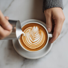 Close-up, top-down view of a barista pouring steamed milk into a cup of coffee, creating a detailed latte art leaf design on the creamy surface