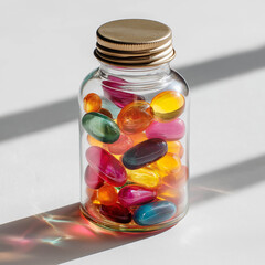 Transparent glass bottle with a gold metal lid filled with colorful  capsules in vibrant shades of yellow, pink, orange, green, and blue, illuminated by natural sunlight casting rainbow reflect