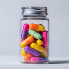 Transparent glass jar filled with colorful capsules in bright shades of yellow, purple, pink, orange, and green, placed against a light gray background.