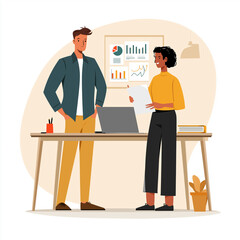 Illustration of two diverse business professionals standing in an office, discussing documents with a laptop on the desk, surrounded by charts and graphs in the background.