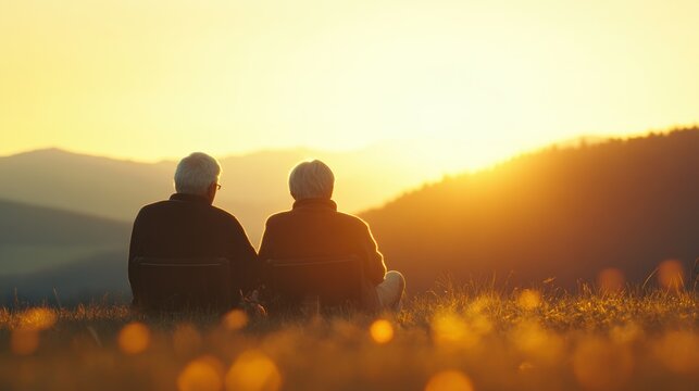 Elderly couple enjoying sunset on a hilltop overlooking mountains