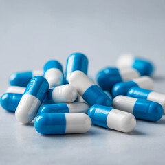 Pile of blue and white capsules on a smooth light surface, symbolizing modern medicine, healthcare, and pharmaceutical treatment.