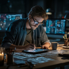 Focused UX/UI designer working late at night, creating digital wireframes on a tablet with a stylus, surrounded by glowing monitors and a cozy workspace atmosphere.