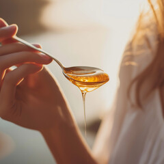 Close-up of a hand holding a spoonful of golden honey, glistening in warm sunlight with a soft, blurred background.
