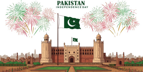 Pakistan Independence Day Vector – Badshahi Mosque with Flag, Fireworks and Garden Pathway for National Celebration
