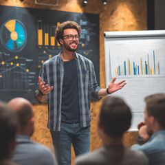 Confident young entrepreneur presenting a startup pitch to an audience, standing in front of business charts and graphs, engaging with energy and enthusiasm during a professional meeting.