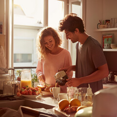 Happy young couple preparing breakfast together in a cozy kitchen, cutting fresh fruit and pouring coffee, enjoying a warm and intimate morning moment filled with love and laughter.