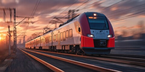 Naklejka premium High-Speed Passenger Train in Motion at Sunset with Railway Station and Rural Landscape