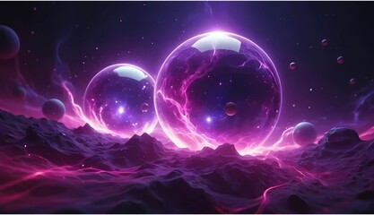 Obraz premium Abstract violet and magenta plasma field with glowing orbs and floating particles, cosmic energy look, cinematic lighting background
