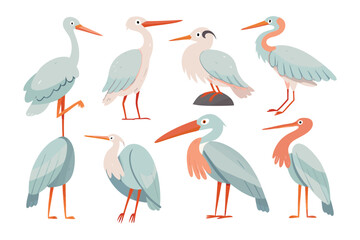 Graceful Heron Collection: An eye-level illustration featuring a collection of elegant herons in various poses, a display of natural beauty and the charm of the bird world.