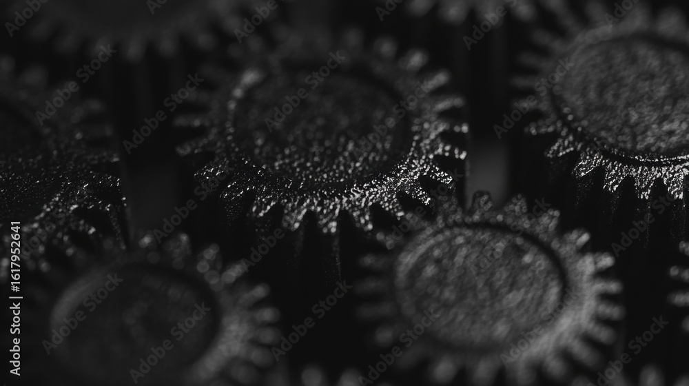 Aufkleber close-up view of textured black gears arranged in an intricate pattern