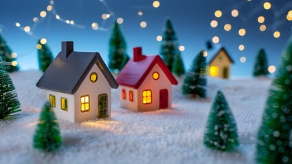 Lit Homes Glow Softly Under Snow While Trees and Lights Welcome Winter’s Whimsical Quiet Parade.