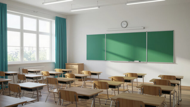 Bright, empty classroom with wooden desks, green blackboard, and large windows offering natural light and a sense of calm learning.
