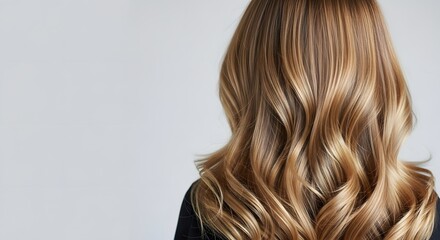 Fototapeta premium Close up of a woman s long wavy blonde hair from behind against a light background