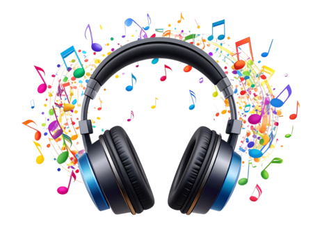 Modern Headphones Icon with Musical Notes, Flat Vector Style