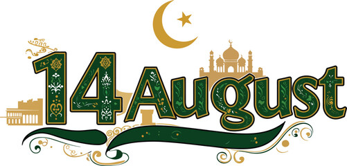 14 August Pakistan Independence Day Vector – Decorative Typography with Gold Ornaments and Historic Silhouette Landmarks