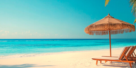 Wooden lounge chairs under straw umbrella on sandy tropical beach with turquoise ocean and clear blue sky