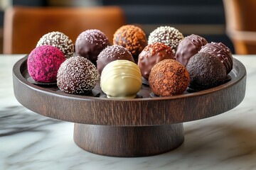 A platter of assorted chocolate truffles in various flavors. Celebratory occasions. Gourmet sweets. Luxurious indulgence