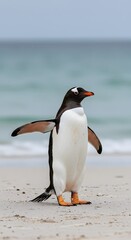 white belly, orange feet. King Penguin Aptenodytes patagonicus Chicks in Creche in the rain.a Gentoo penguin standing on a sandy beach, wings outstretched and one leg raised. penguin has a black head,