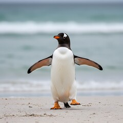 white belly, orange feet. King Penguin Aptenodytes patagonicus Chicks in Creche in the rain.a Gentoo penguin standing on a sandy beach, wings outstretched and one leg raised. penguin has a black head,