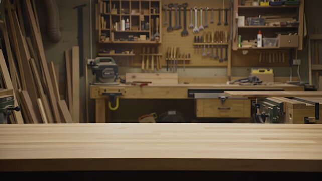Woodworking Workshop Interior with Tools Materials and Wooden Workbench